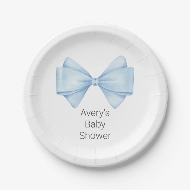 Plato De Papel Blue Bow Modern Boy Baby Shower (Anverso)