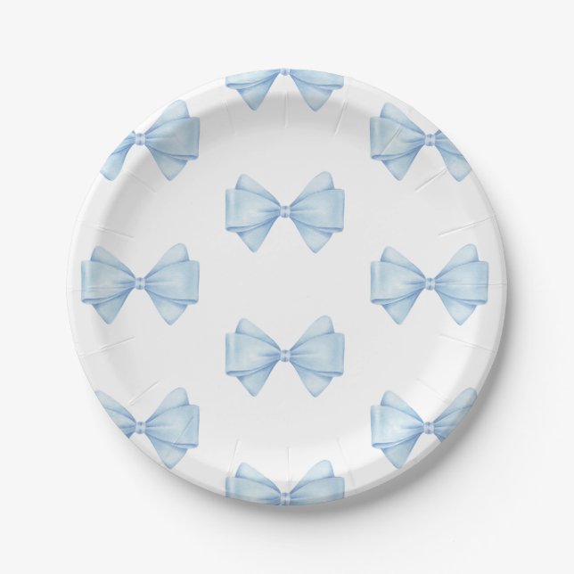 Plato De Papel Blue Bow Modern Boy Baby Shower (Anverso)