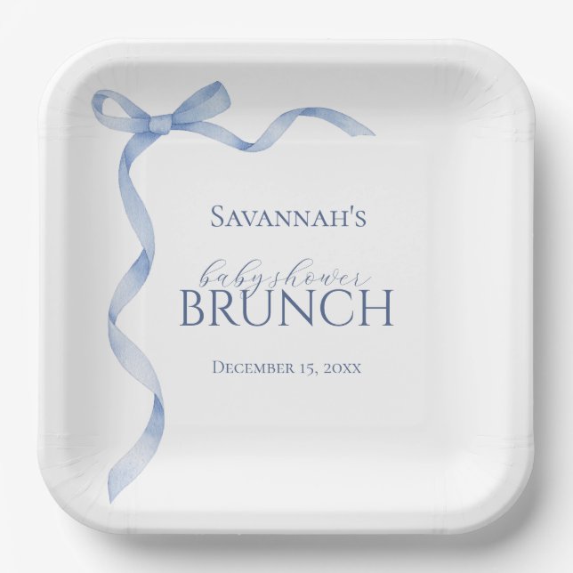 Plato De Papel Blue Bow Ribbon Baby Shower (Anverso)