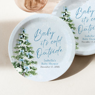 Plato De Papel Blue Bows Boy Baby It's Frío fuera de Baby Shower
