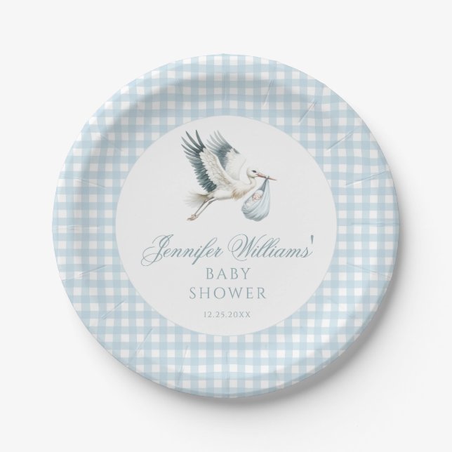 Plato De Papel Blue Boy Stork Baby Shower Gingham Paper Plates (Anverso)
