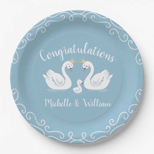 Plato De Papel Blue Boy Swan Baby Shower (Anverso)