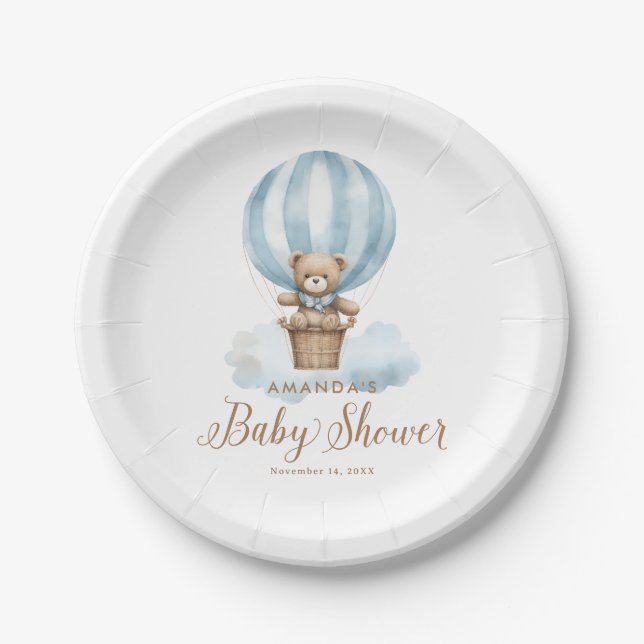 Plato De Papel Blue Boy Teddy Bear Bearly Wait Baby Shower (Anverso)