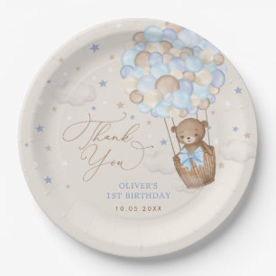 Plato De Papel Blue Brown Teddy Bear Hot Air Balloon Birday Boy