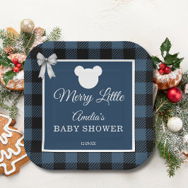 Plato De Papel Blue Buffalo Plaid Bear Baby Shower Paper Plates
