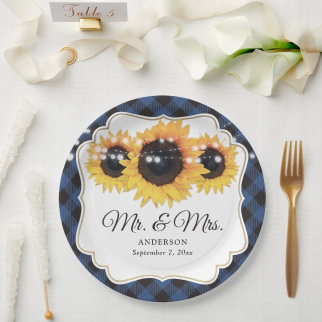 Plato De Papel Blue Buffalo Plaid Sunflower Mr and Mrs Boda (Boda)