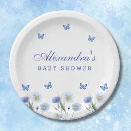 Plato De Papel Blue Butfly Boho Wildflower Baby Shower