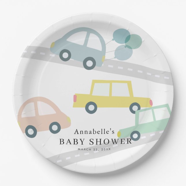 Plato De Papel Blue Car Balloons White Boy Baby Shower (Anverso)