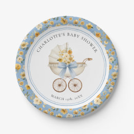 Plato De Papel Blue Carriage Floral Baby Shower Plate