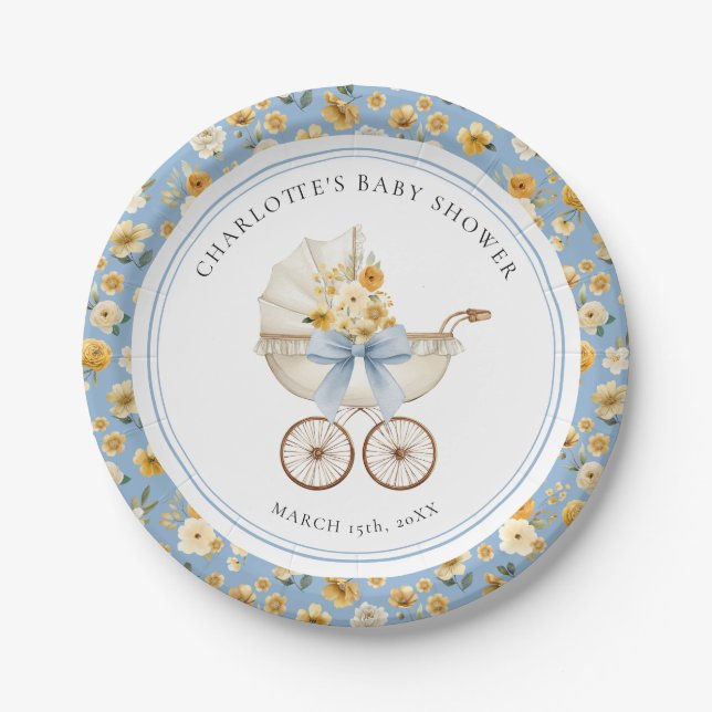 Plato De Papel Blue Carriage Floral Baby Shower Plate (Anverso)