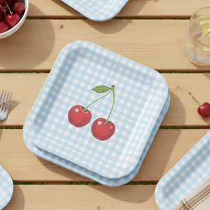 Plato De Papel Blue Checked Paper Plates with Cherries for Summer