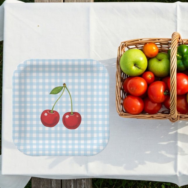 Plato De Papel Blue Checked Paper Plates with Cherries for Summer (Subido por el creador)