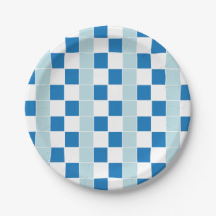 Plato De Papel Blue Checkered blanco