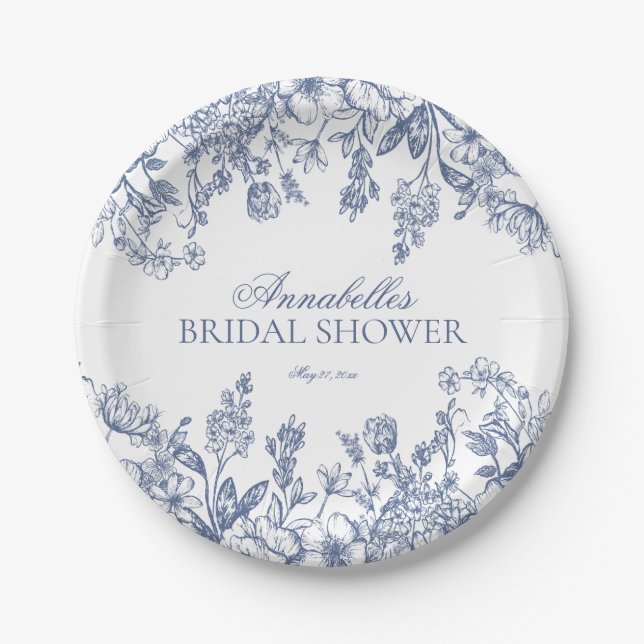 Plato De Papel Blue Chinoiserie Floral Bridal Shower Dessert (Anverso)