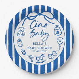 Plato De Papel Blue Ciao Bambino Italian Illustrated Baby Shower
