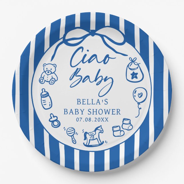 Plato De Papel Blue Ciao Bambino Italian Illustrated Baby Shower (Anverso)