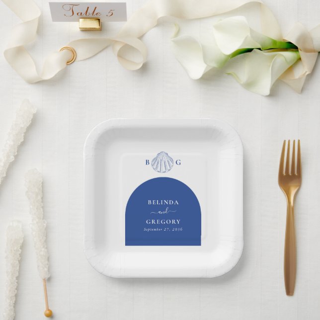 Plato De Papel Blue Clam Seashells Coastal Seaside Beach Wedding (Boda)