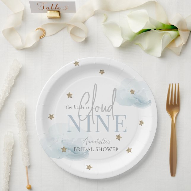 Plato De Papel Blue Cloud 9 Gold Star Brillante (Boda)