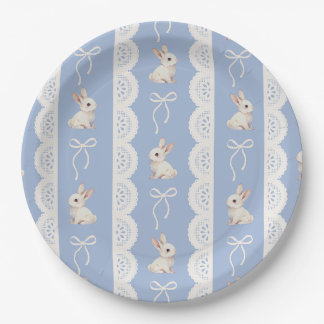 Plato De Papel Blue Coquette Bow Bunny Lace Pattern Paper Plate