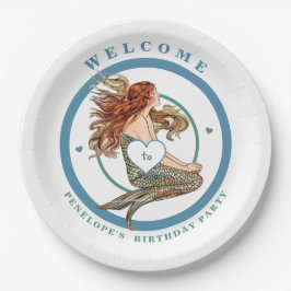 Plato De Papel Blue Coral Peach Adorable Mermaid Birday Party