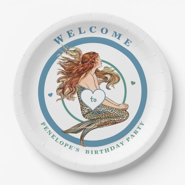 Plato De Papel Blue Coral Peach Adorable Mermaid Birday Party (Anverso)