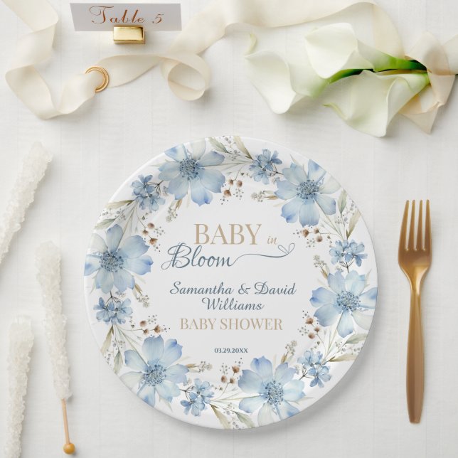 Plato De Papel Blue Cosmos Floral Baby in Bloom Baby Shower (Boda)