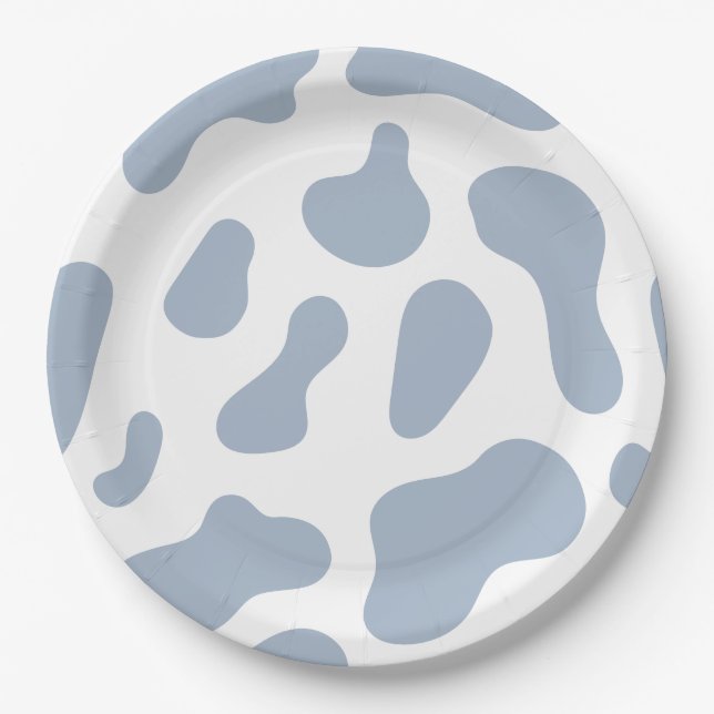 Plato De Papel Blue Cow Print Little Cowboy Baby Shower (Anverso)