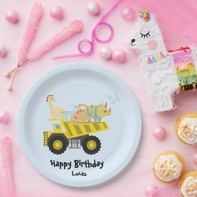Plato De Papel Blue Cute divertido tractor de dinosaurios HBD DIY (Fiesta)