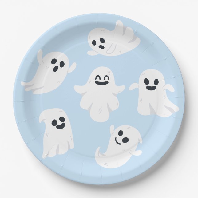 Plato De Papel Blue Cute Ghost Halloween Fall Baby Shower (Anverso)