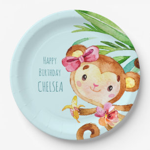 Plato De Papel Blue Cute Monkey Personalizado Cumpleaños Feliz