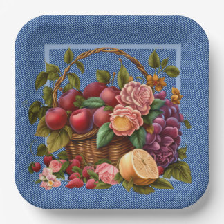 Plato De Papel Blue Denim Fruit And Flowers