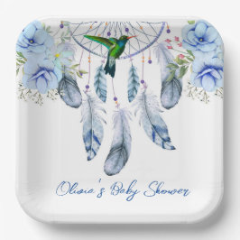 Plato De Papel Blue Dreamcatcher Hummingbird Boy Baby Shower