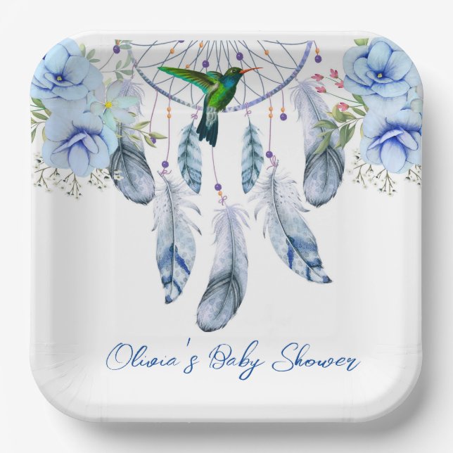 Plato De Papel Blue Dreamcatcher Hummingbird Boy Baby Shower (Anverso)