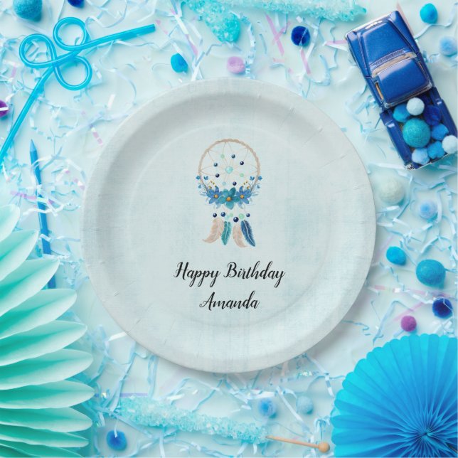 Plato De Papel Blue Dreamcatcher Stylish Boho Design Cumpleaños (Fiesta)