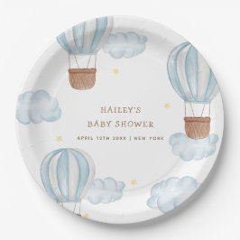 Plato De Papel Blue Elegant Hot Air Balloon Cloud Boy Baby Shower