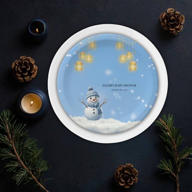Plato De Papel Blue Elegant Whimsical Winter Snowman Baby Shower (Subido por el creador)