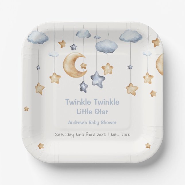 Plato De Papel Blue Elegle Twinkle Twinkle Baby Shower (Anverso)