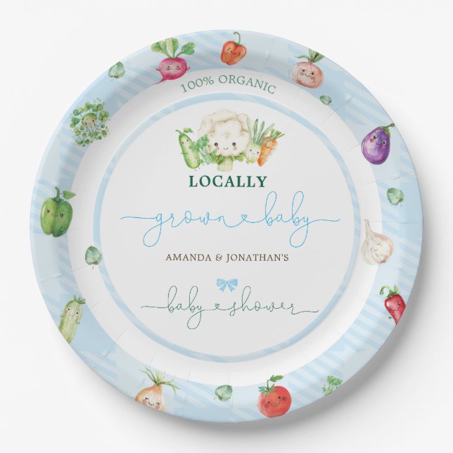 Plato De Papel Blue Farm Vegetales Boy Baby Shower (Anverso)