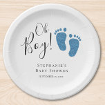 Plato De Papel Blue Feet Baby Boy Baby Shower<br><div class="desc">¿Estás planeando una ducha de bebé para niños? Estos adorables placas de papel de Baby Shower de Boy están decorados con pies de bebé azules purpurinas y dicen "Oh Boy" en una tipografía de escritura elegante. El texto es personalizable. Acuarela original © Michele Davies.</div>