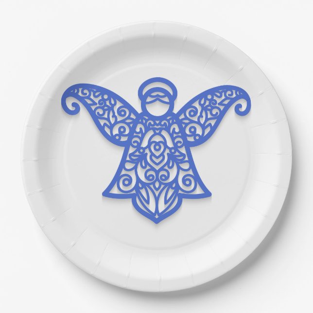 Plato De Papel Blue Filigree Angel Silhouette Ornate Lace (Anverso)