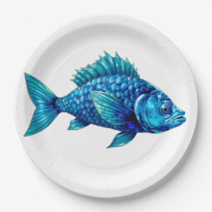 Plato De Papel Blue Fish with Spiky Fins and Scales