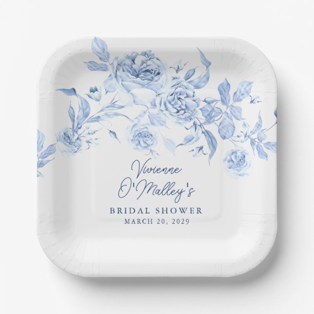 Plato De Papel Blue Floral Bridal Shower (Anverso)
