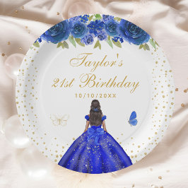 Plato De Papel Blue Floral Dark Skine Princess Partido de Cumplea