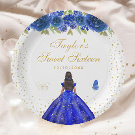 Plato De Papel Blue Floral Dark Skine Princess Sweet 16