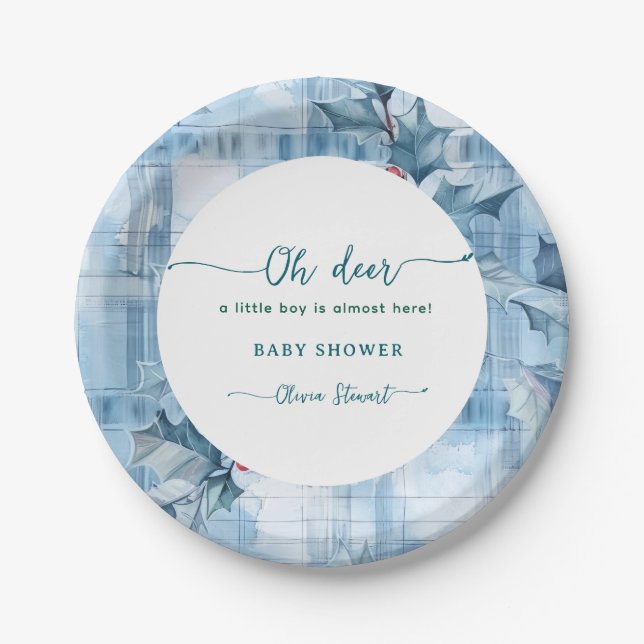 Plato De Papel  Blue Floral Gingham oh deer baby shower  (Anverso)