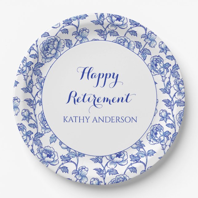 Plato De Papel Blue Floral Retirement Party (Anverso)