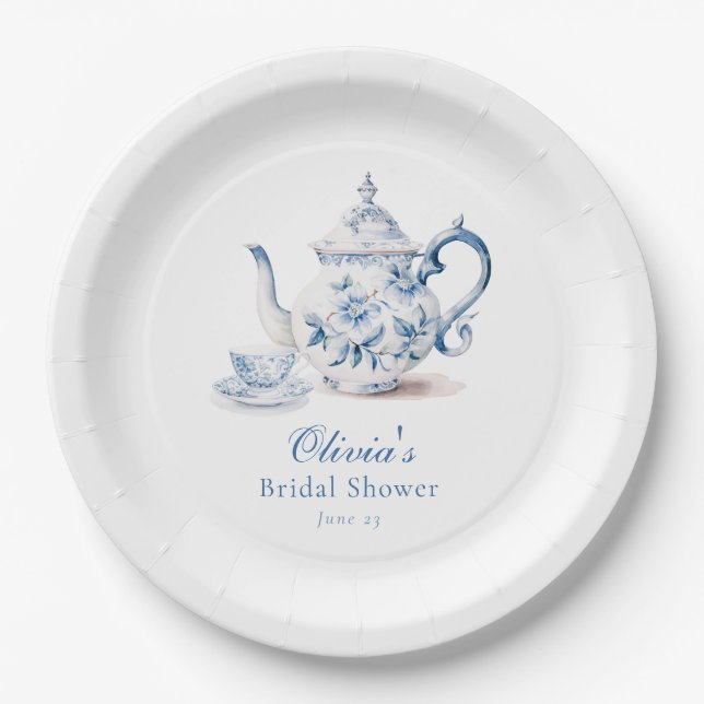 Plato De Papel Blue Floral Tea Fiesta Bridal Shower (Anverso)