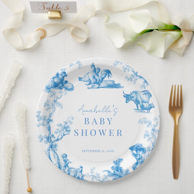 Plato De Papel Blue French Country Farm Animal Boy Baby Shower (Boda)