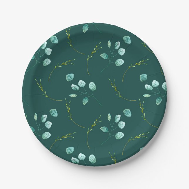 Plato De Papel Blue Garden Watercolor Stems Boda (Anverso)