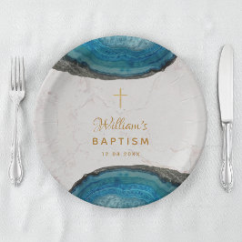 Plato De Papel Blue Geode Boy Baptism Marble Gold Cross